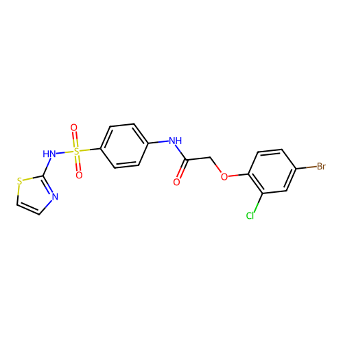 2-(4-bromo-2-chlorophenoxy)-N-[4-(1,3-thiazol-2-ylsulfamoyl)phenyl]acetamide structure