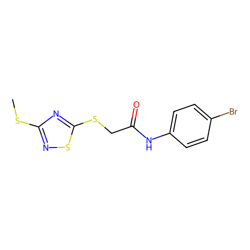 N-(4-bromophenyl)-2-(3-methylthio(1,2,4-thiadiazol-5-ylthio))acetamide structure