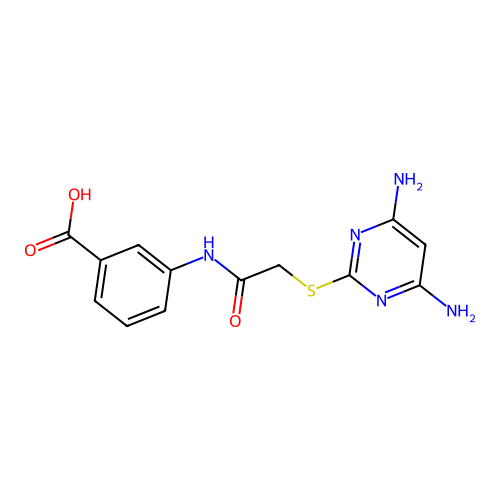 3-({[(4,6-Diaminopyrimidin-2-yl)sulfanyl]acetyl}amino)benzoic acid structure