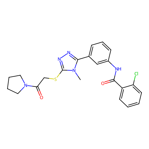 2-chloro-N-(3-(4-methyl-5-((2-oxo-2-(pyrrolidin-1-yl)ethyl)thio)-4H-1,2,4-triazol-3-yl)phenyl)benzamide structure