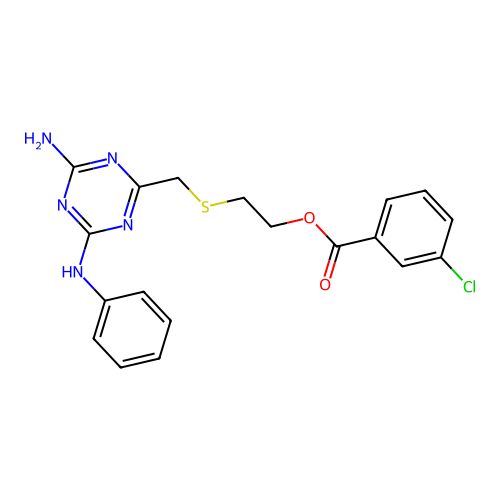 2-({[4-amino-6-(phenylamino)-1,3,5-triazin-2-yl]methyl}sulfanyl)ethyl 3-chlorobenzoate structure