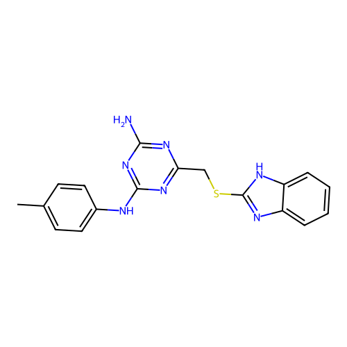 6-(((1H-benzo[d]imidazol-2-yl)thio)methyl)-N2-(p-tolyl)-1,3,5-triazine-2,4-diamine structure