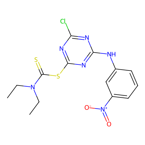 4-Chloro-6-[(3-nitrophenyl)amino]-1,3,5-triazin-2-yl diethylcarbamodithioate structure