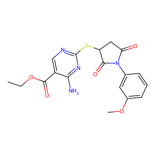 ethyl 4-amino-2-((1-(3-methoxyphenyl)-2,5-dioxopyrrolidin-3-yl)thio)pyrimidine-5-carboxylate structure