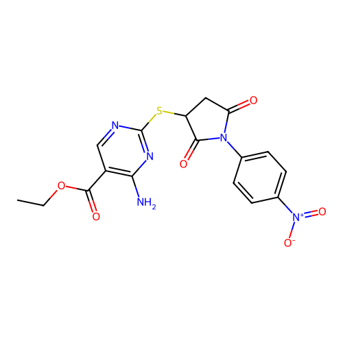 ethyl 4-amino-2-{[1-(4-nitrophenyl)-2,5-dioxopyrrolidin-3-yl]sulfanyl}pyrimidine-5-carboxylate structure