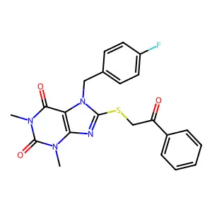 7-[(4-Fluorophenyl)methyl]-1,3-dimethyl-8-phenacylsulfanylpurine-2,6-dione structure
