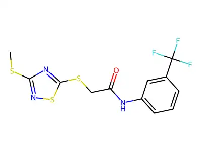 2-{[3-(methylsulfanyl)-1,2,4-thiadiazol-5-yl]sulfanyl}-N-[3-(trifluoromethyl)phenyl]acetamide structure