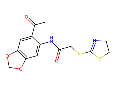 N-(6-acetyl-1,3-benzodioxol-5-yl)-2-(4,5-dihydro-1,3-thiazol-2-ylsulfanyl)acetamide structure