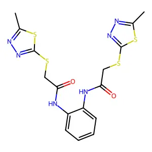 2-[(5-methyl-1,3,4-thiadiazol-2-yl)sulfanyl]-N-[2-[[2-[(5-methyl-1,3,4-thiadiazol-2-yl)sulfanyl]acetyl]amino]phenyl]acetamide structure