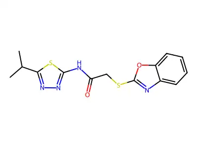 2-(1,3-benzoxazol-2-ylsulfanyl)-N-(5-propan-2-yl-1,3,4-thiadiazol-2-yl)acetamide structure