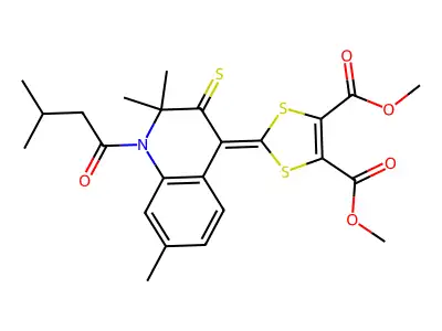 dimethyl 2-[2,2,7-trimethyl-1-(3-methylbutanoyl)-3-thioxo-2,3-dihydro-4(1H)-quinolinyliden]-1,3-dithiole-4,5-dicarboxylate structure