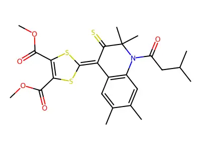 dimethyl 2-(2,2,6,7-tetramethyl-1-(3-methylbutanoyl)-3-thioxo-2,3-dihydro-4(1H)-quinolinylidene)-1,3-dithiole-4,5-dicarboxylate structure