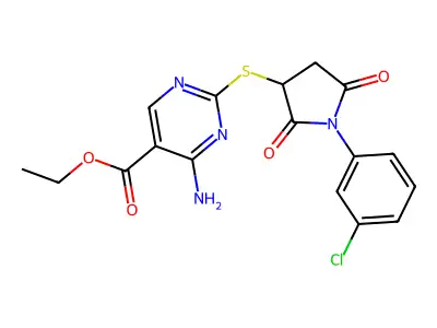 ethyl 4-amino-2-{[1-(3-chlorophenyl)-2,5-dioxopyrrolidin-3-yl]sulfanyl}pyrimidine-5-carboxylate structure