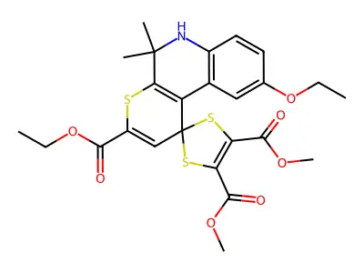 3'-ethyl 4,5-dimethyl 9'-ethoxy-5',5'-dimethyl-5',6'-dihydrospiro[1,3-dithiole-2,1'-thiopyrano[2,3-c]quinoline]-3',4,5-tricarboxylate structure