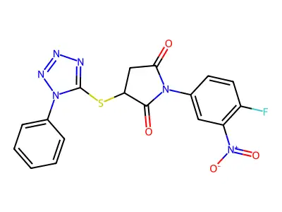1-(4-fluoro-3-nitrophenyl)-3-(1-phenyltetrazol-5-yl)sulfanylpyrrolidine-2,5-dione structure