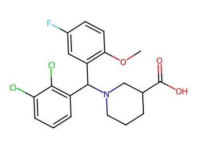 1-[(2,3-Dichlorophenyl)(5-fluoro-2-methoxyphenyl)methyl]piperidine-3-carboxylic acid structure