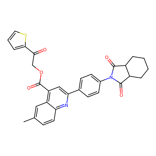 (2-oxo-2-thiophen-2-ylethyl) 2-[4-(1,3-dioxo-3a,4,5,6,7,7a-hexahydroisoindol-2-yl)phenyl]-6-methylquinoline-4-carboxylate structure