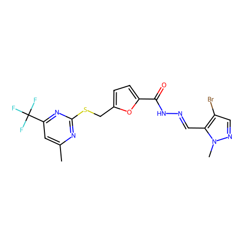 N'-[(4-bromo-1-methyl-1H-pyrazol-5-yl)methylene]-5-({[4-methyl-6-(trifluoromethyl)-2-pyrimidinyl]sulfanyl}methyl)-2-furohydrazide structure