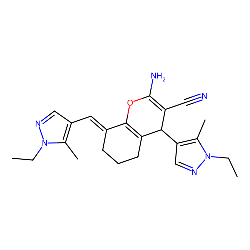(8E)-2-amino-4-(1-ethyl-5-methylpyrazol-4-yl)-8-[(1-ethyl-5-methylpyrazol-4-yl)methylidene]-4,5,6,7-tetrahydrochromene-3-carbonitrile structure