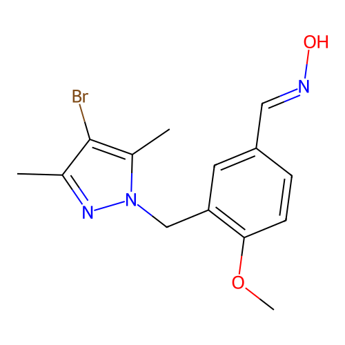 3-[(4-bromo-3,5-dimethyl-1H-pyrazol-1-yl)methyl]-4-methoxybenzaldehyde oxime structure