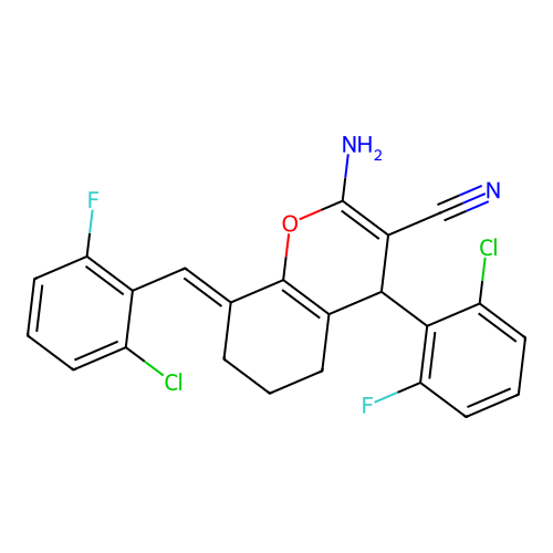 2-amino-8-(2-chloro-6-fluorobenzylidene)-4-(2-chloro-6-fluorophenyl)-5,6,7,8-tetrahydro-4H-chromene-3-carbonitrile structure