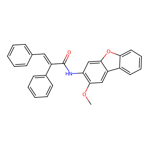 (E)-N-(2-methoxydibenzofuran-3-yl)-2,3-diphenylprop-2-enamide structure