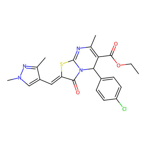 ethyl (2E)-5-(4-chlorophenyl)-2-[(1,3-dimethyl-1H-pyrazol-4-yl)methylidene]-7-methyl-3-oxo-2H,3H,5H-[1,3]thiazolo[3,2-a]pyrimidine-6-carboxylate structure