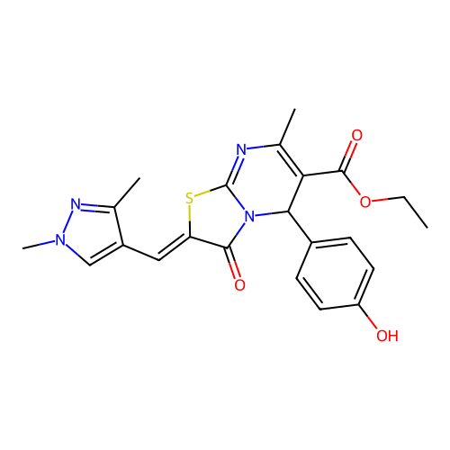 ethyl (2E)-2-[(1,3-dimethyl-1H-pyrazol-4-yl)methylidene]-5-(4-hydroxyphenyl)-7-methyl-3-oxo-2H,3H,5H-[1,3]thiazolo[3,2-a]pyrimidine-6-carboxylate structure