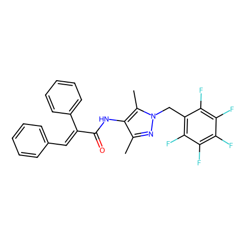 (E)-N-[3,5-dimethyl-1-[(2,3,4,5,6-pentafluorophenyl)methyl]pyrazol-4-yl]-2,3-diphenylprop-2-enamide structure