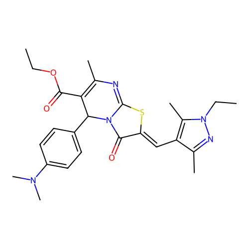 ethyl (2E)-5-[4-(dimethylamino)phenyl]-2-[(1-ethyl-3,5-dimethyl-1H-pyrazol-4-yl)methylidene]-7-methyl-3-oxo-2H,3H,5H-[1,3]thiazolo[3,2-a]pyrimidine-6-carboxylate structure