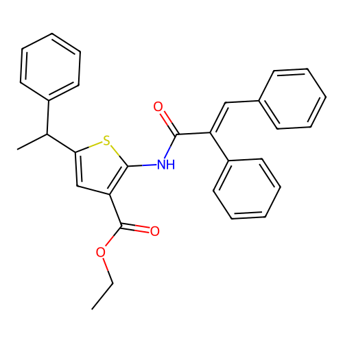 Ethyl 2-[(2,3-diphenylacryloyl)amino]-5-(1-phenylethyl)-3-thiophenecarboxylate structure