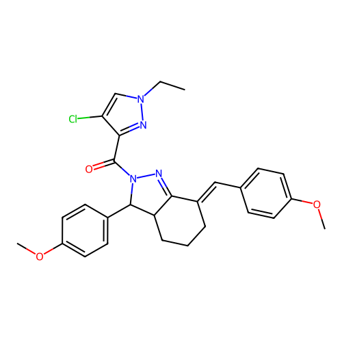 (4-chloro-1-ethylpyrazol-3-yl)-[(7E)-3-(4-methoxyphenyl)-7-[(4-methoxyphenyl)methylidene]-3a,4,5,6-tetrahydro-3H-indazol-2-yl]methanone structure