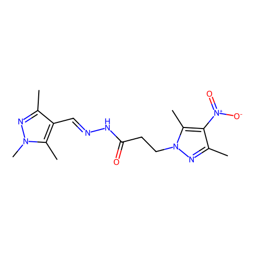 3-{4-nitro-3,5-dimethyl-1H-pyrazol-1-yl}-N'-[(1,3,5-trimethyl-1H-pyrazol-4-yl)methylene]propanohydrazide structure
