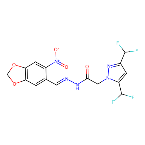 2-[3,5-bis(difluoromethyl)-1H-pyrazol-1-yl]-N'-({6-nitro-1,3-benzodioxol-5-yl}methylene)acetohydrazide structure
