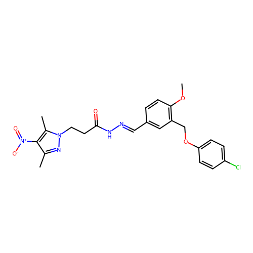 N'-{3-[(4-chlorophenoxy)methyl]-4-methoxybenzylidene}-3-{4-nitro-3,5-dimethyl-1H-pyrazol-1-yl}propanohydrazide structure