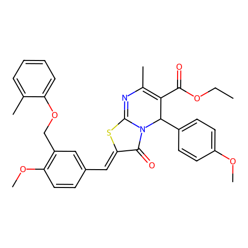 ethyl 2-{4-methoxy-3-[(2-methylphenoxy)methyl]benzylidene}-5-(4-methoxyphenyl)-7-methyl-3-oxo-2,3-dihydro-5H-[1,3]thiazolo[3,2-a]pyrimidine-6-carboxylate structure