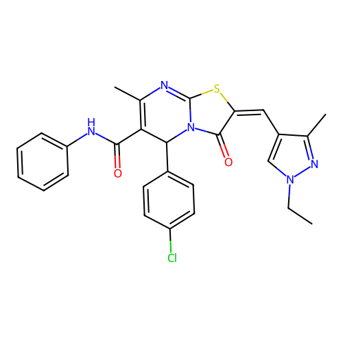 (2E)-5-(4-chlorophenyl)-2-[(1-ethyl-3-methylpyrazol-4-yl)methylidene]-7-methyl-3-oxo-N-phenyl-5H-[1,3]thiazolo[3,2-a]pyrimidine-6-carboxamide structure