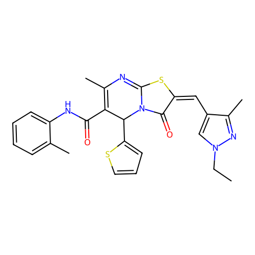 (2E)-2-[(1-ethyl-3-methylpyrazol-4-yl)methylidene]-7-methyl-N-(2-methylphenyl)-3-oxo-5-thiophen-2-yl-5H-[1,3]thiazolo[3,2-a]pyrimidine-6-carboxamide structure
