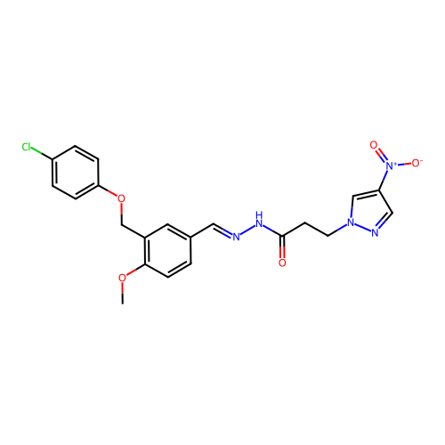 N-[(E)-[3-[(4-chlorophenoxy)methyl]-4-methoxyphenyl]methylideneamino]-3-(4-nitropyrazol-1-yl)propanamide structure