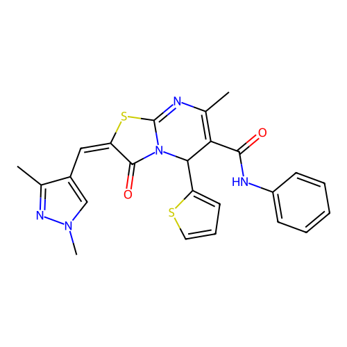 (2E)-2-[(1,3-dimethylpyrazol-4-yl)methylidene]-7-methyl-3-oxo-N-phenyl-5-thiophen-2-yl-5H-[1,3]thiazolo[3,2-a]pyrimidine-6-carboxamide structure