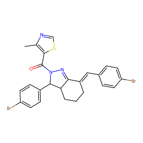 [(7E)-3-(4-bromophenyl)-7-[(4-bromophenyl)methylidene]-3a,4,5,6-tetrahydro-3H-indazol-2-yl]-(4-methyl-1,3-thiazol-5-yl)methanone structure