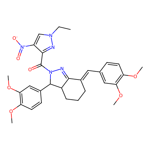 7-(3,4-dimethoxybenzylidene)-3-(3,4-dimethoxyphenyl)-2-({1-ethyl-4-nitro-1H-pyrazol-3-yl}carbonyl)-3,3a,4,5,6,7-hexahydro-2H-indazole structure