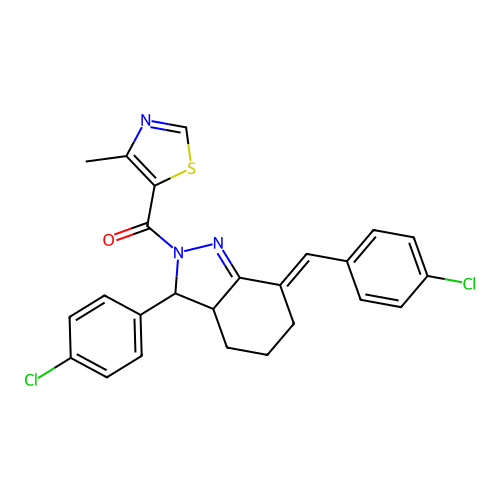 [(7E)-3-(4-chlorophenyl)-7-[(4-chlorophenyl)methylidene]-3a,4,5,6-tetrahydro-3H-indazol-2-yl]-(4-methyl-1,3-thiazol-5-yl)methanone structure