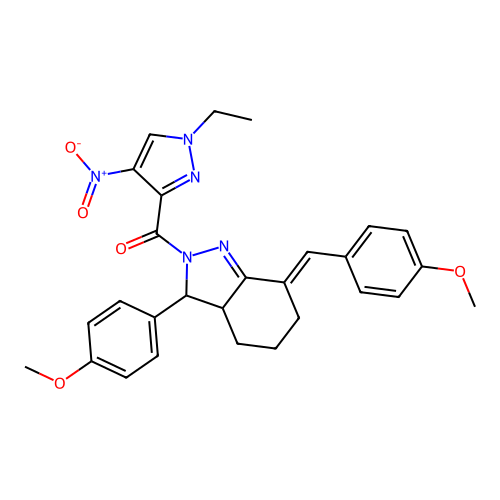 (1-ethyl-4-nitropyrazol-3-yl)-[(7E)-3-(4-methoxyphenyl)-7-[(4-methoxyphenyl)methylidene]-3a,4,5,6-tetrahydro-3H-indazol-2-yl]methanone structure