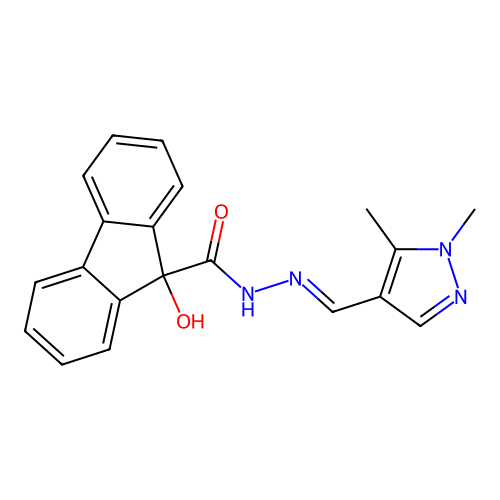 N'-[(1,5-dimethyl-1H-pyrazol-4-yl)methylene]-9-hydroxy-9H-fluorene-9-carbohydrazide structure