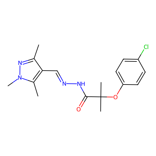 2-(4-chlorophenoxy)-2-methyl-N'-[(1,3,5-trimethyl-1H-pyrazol-4-yl)methylene]propanohydrazide structure