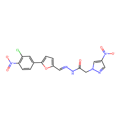 N'-[(5-{3-chloro-4-nitrophenyl}-2-furyl)methylene]-2-{4-nitro-1H-pyrazol-1-yl}acetohydrazide structure