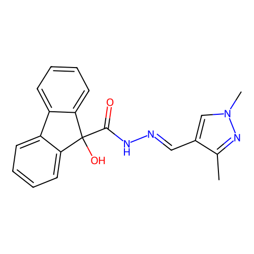 N'-[(1,3-dimethyl-1H-pyrazol-4-yl)methylene]-9-hydroxy-9H-fluorene-9-carbohydrazide structure