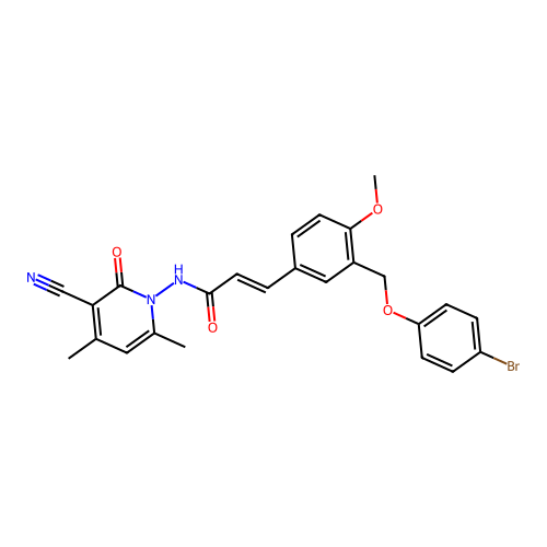 (E)-3-[3-[(4-bromophenoxy)methyl]-4-methoxyphenyl]-N-(3-cyano-4,6-dimethyl-2-oxopyridin-1-yl)prop-2-enamide structure