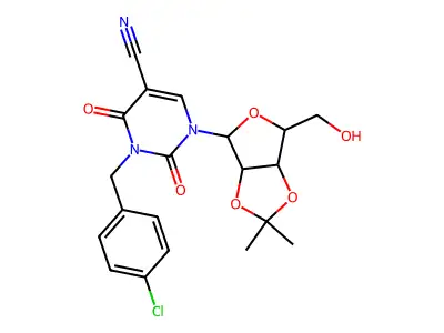 3-[(4-chlorophenyl)methyl]-1-[6-(hydroxymethyl)-2,2-dimethyl-3a,4,6,6a-tetrahydrofuro[3,4-d][1,3]dioxol-4-yl]-2,4-dioxopyrimidine-5-carbonitrile structure